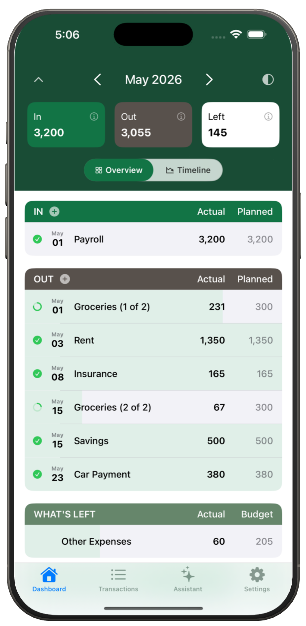 LazyBudget dashboard with In, Out, and What's Left summary cards on iPhone
